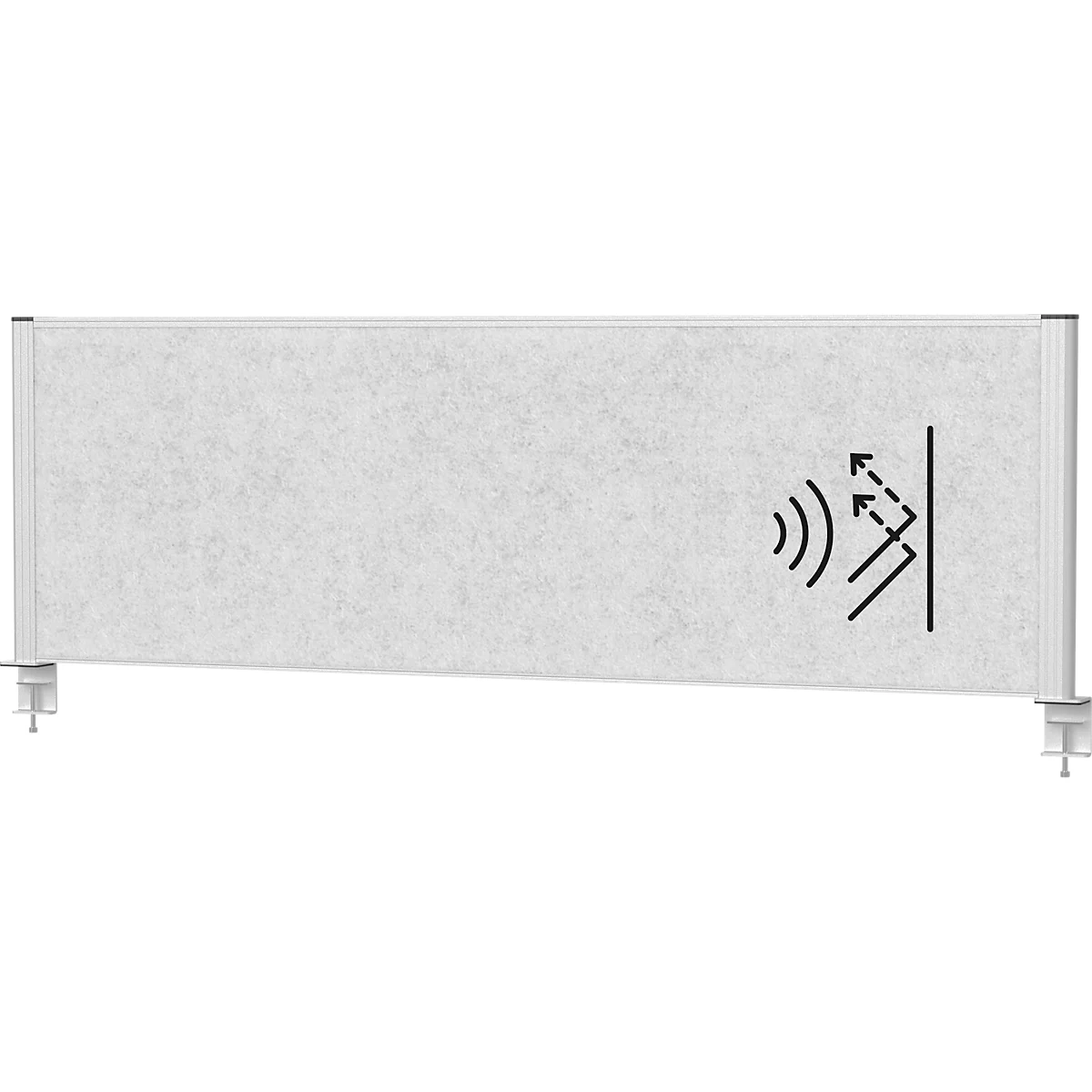 Grey sound absorbing desk panel with sound absorption symbol.