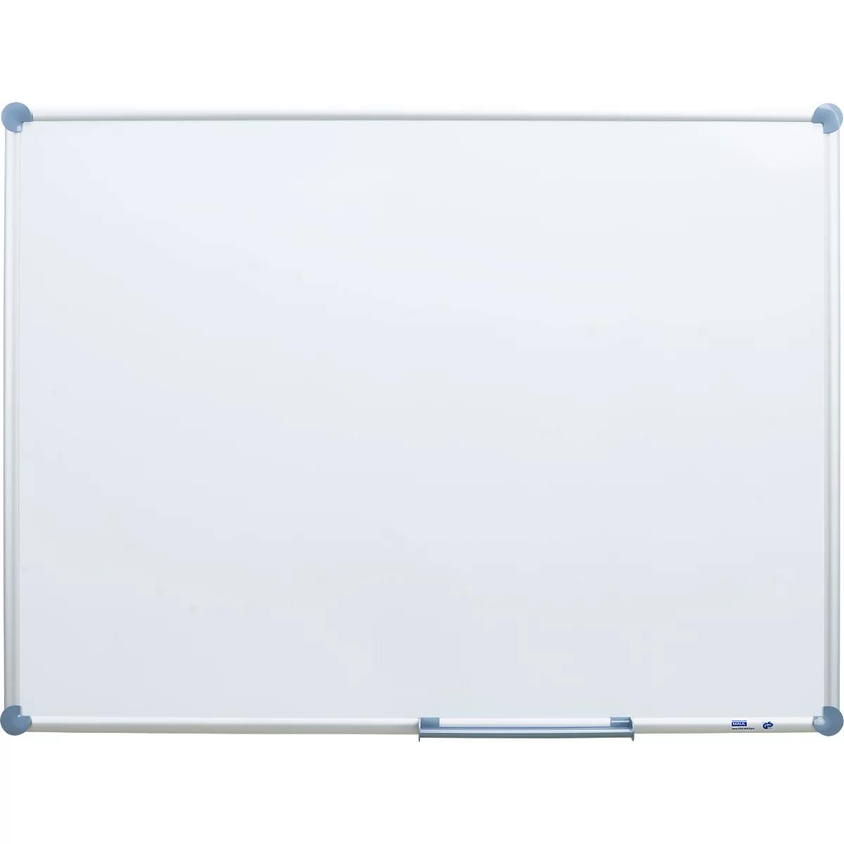 Tableau blanc avec un cadre argenté et des coins bleus. Une bande bleue est située en bas.
