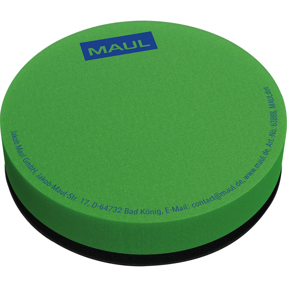 Runder, grüner Whiteboard-Schwamm der Marke MAUL mit blauem Logo und Firmenaufdruck.
