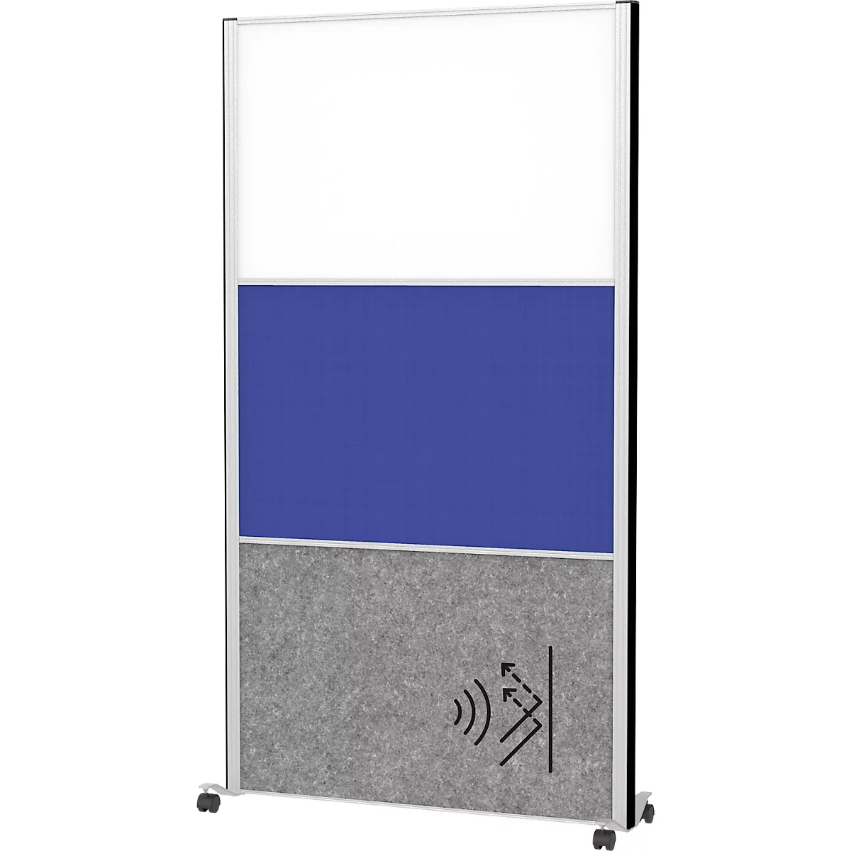 MAUL verplaatsbaar wandsysteem MAULconnecto, insteekmodules, 1x whiteboard, 1x akoestisch vlies, 1x textieloppervlak, klittenbandsluiting, op wielen, H 1800 x B 1000 mm, zilver
