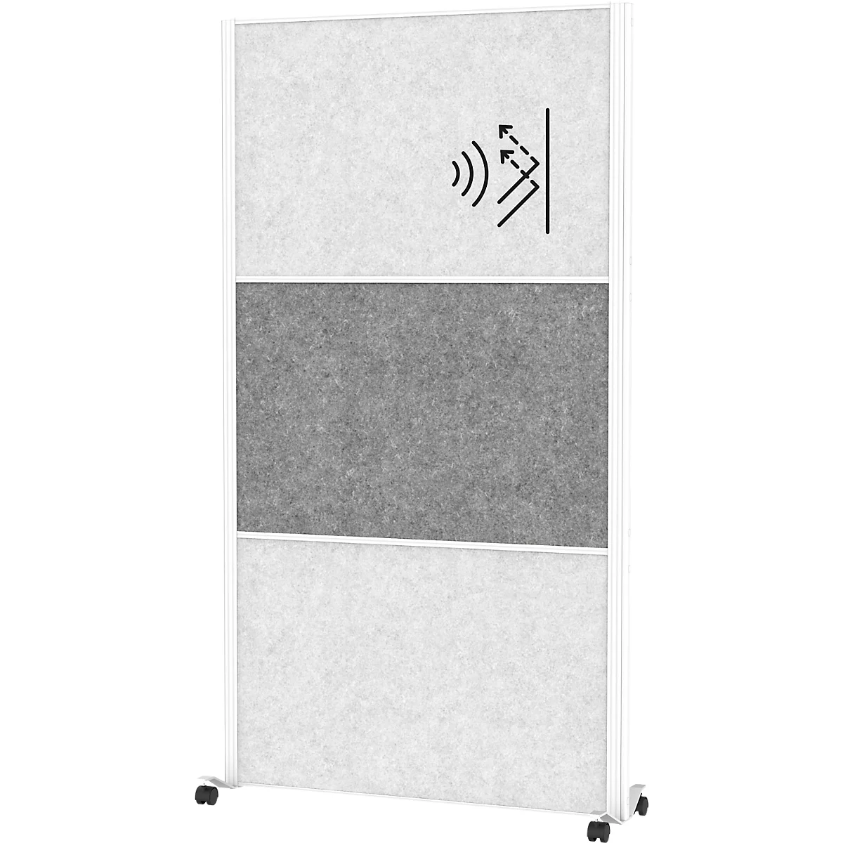 MAUL verplaatsbaar wandsysteem MAULconnecto, insteekmodules, 2x akoestisch vlies licht, 1x akoestisch vlies donker, klittenband, op wielen, H 1800 x B 1000 mm, wit