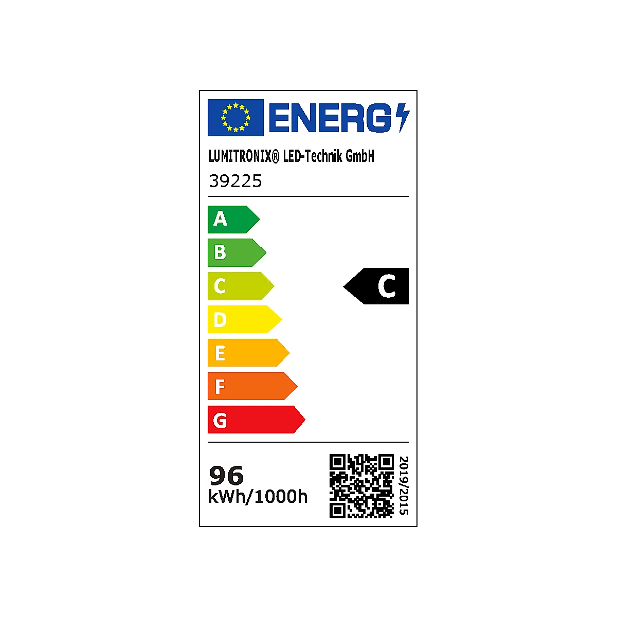Energielabel met beoordeling van A tot G, C voor energieverbruik. QR-code en details over LUMITRONIX®.