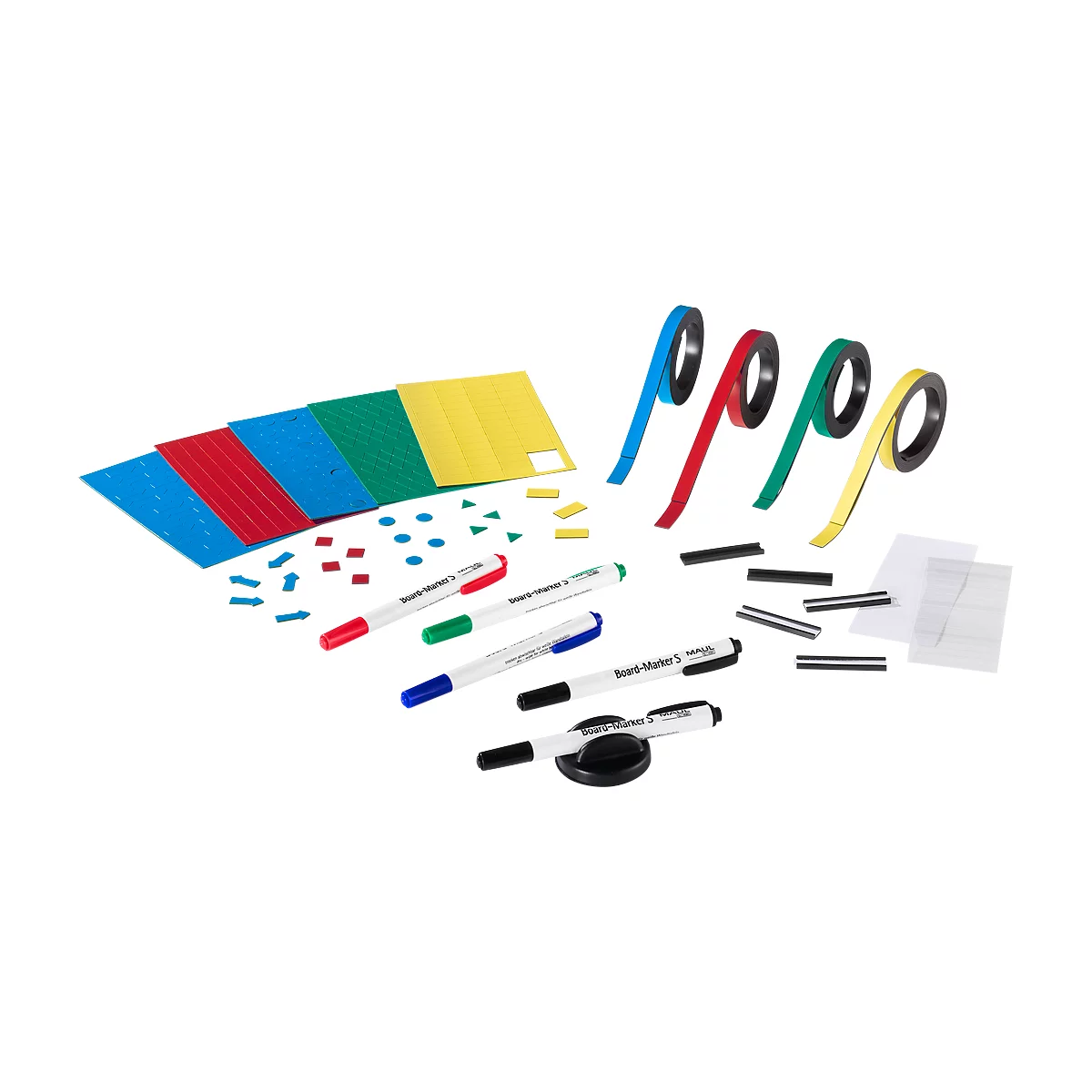 Various colored pens, magnetic tapes, shapes, sheets, and magnets are arranged.