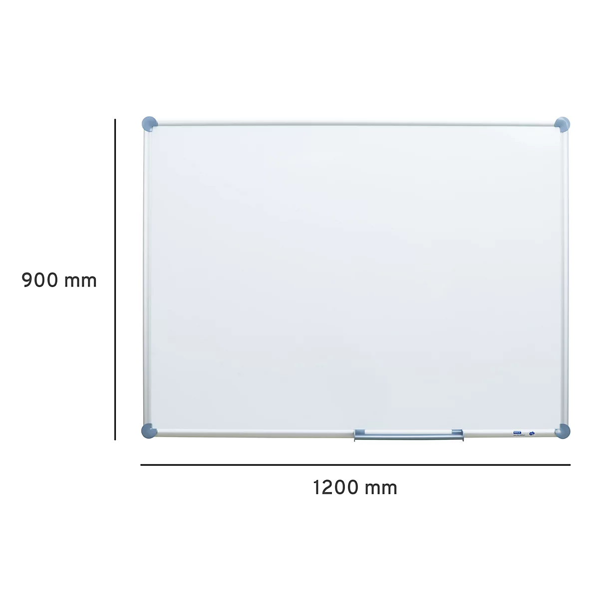 Rechthoekig wit bord met zilveren frame en blauwe hoeken. Afmetingen: 900 mm x 1200 mm.