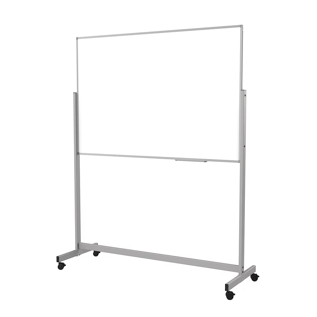 Freistehendes, mobiles Whiteboard mit silbernem Rahmen auf Rollen vor weißem Hintergrund.
