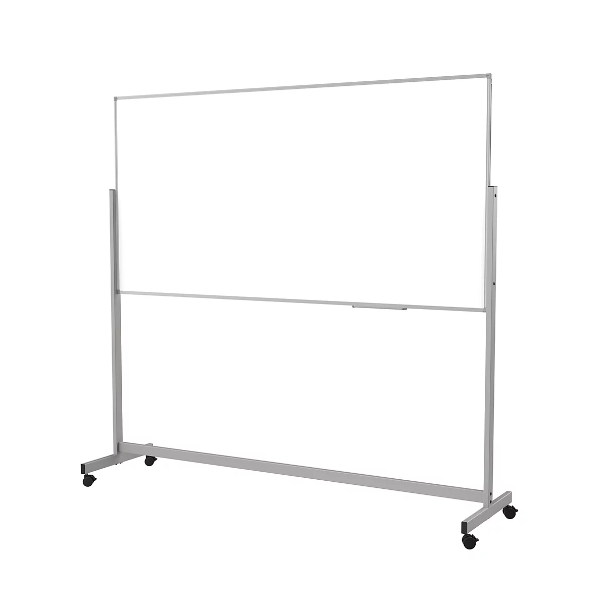 Großes, weißes Whiteboard auf einem silbernen Standrahmen mit Rollen vor weißem Hintergrund.