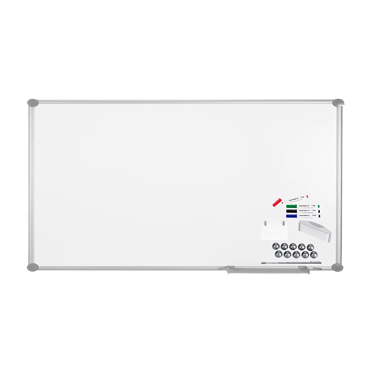 Large, white magnetic board with a silver frame. Accessories: pens, sponge, markers and magnets.