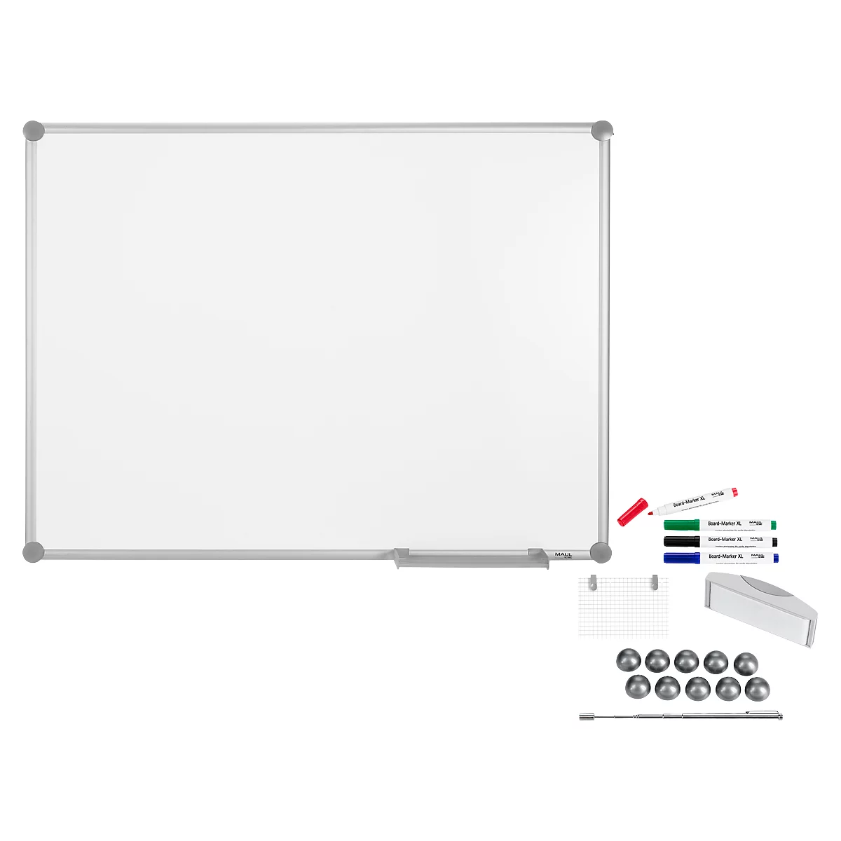 White whiteboard with silver frame and accessories: markers, magnets, and sponge.