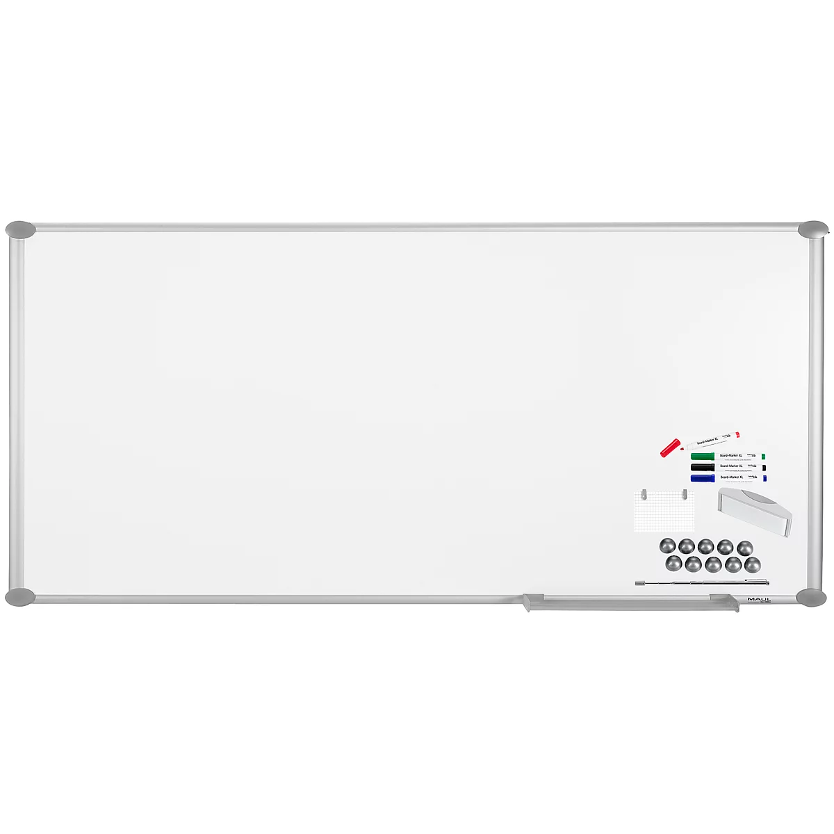 Whiteboard with silver frame and accessories like markers and eraser.