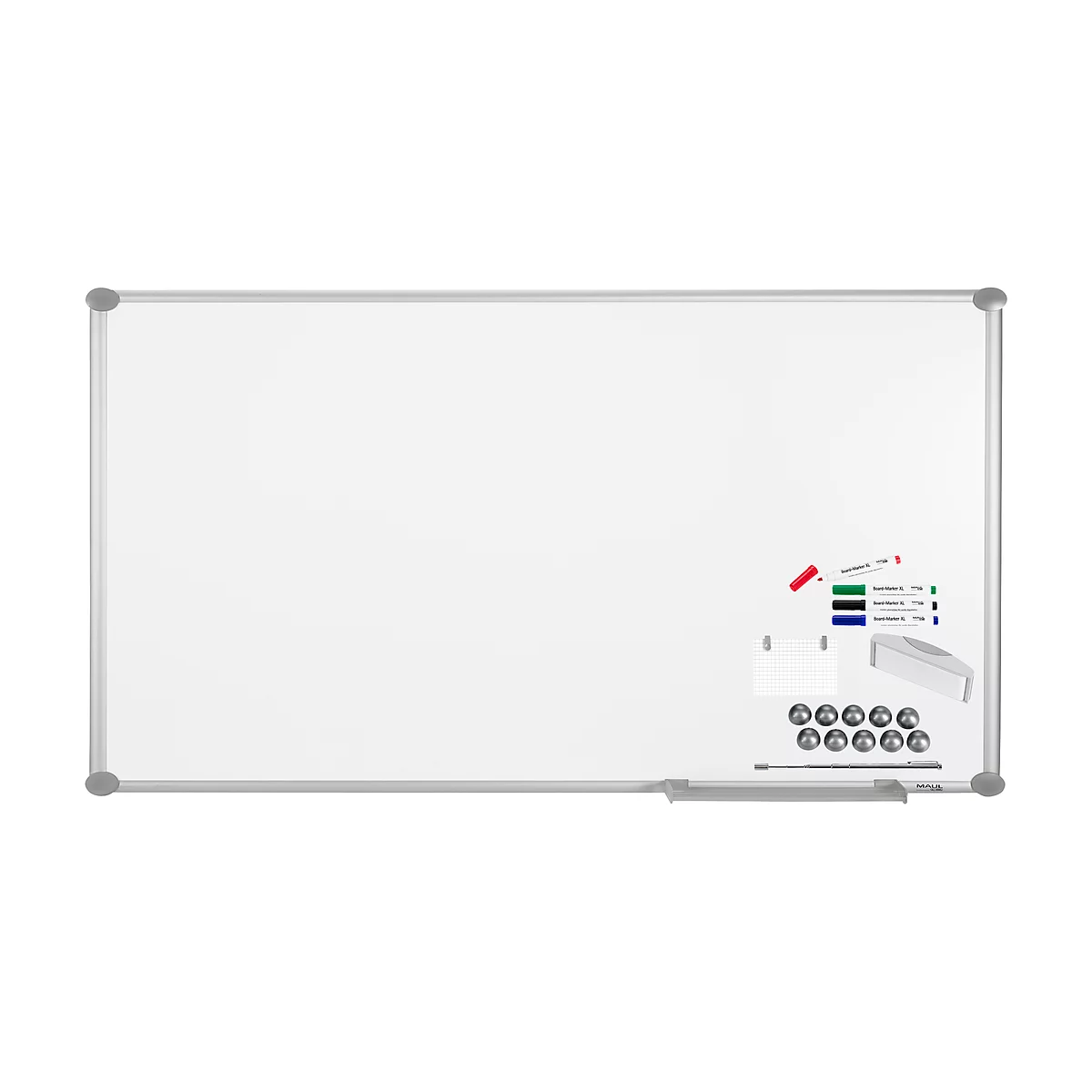 White whiteboard with a silver frame. Includes pens, magnets, an eraser, and paper.