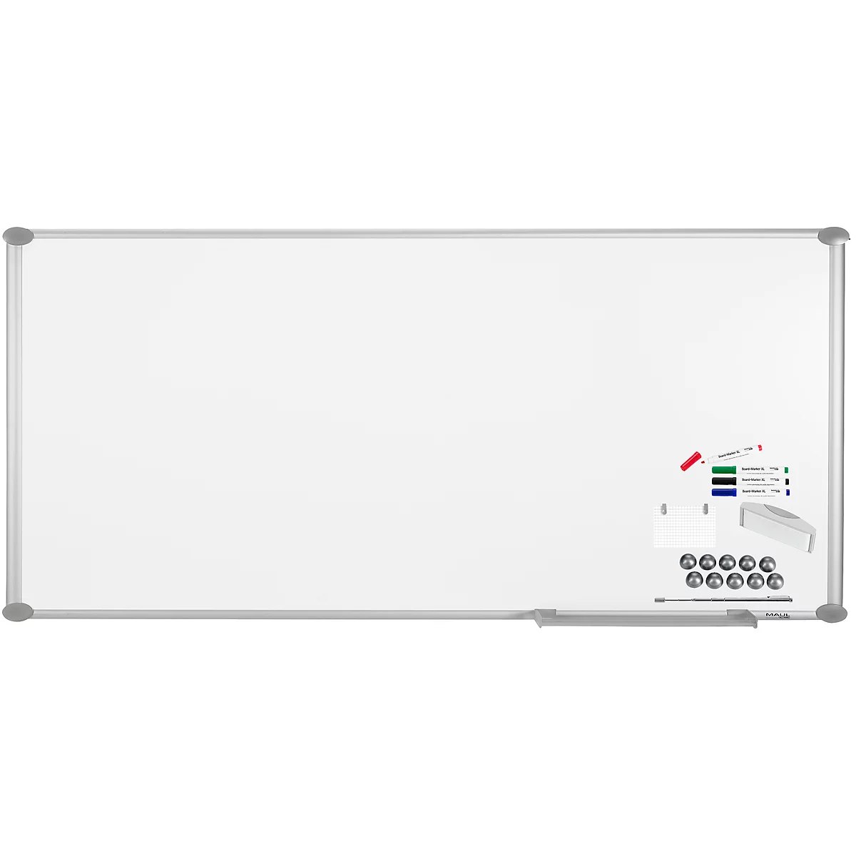 Whiteboard with silver frame. Accessories include pens, magnets and sponge.