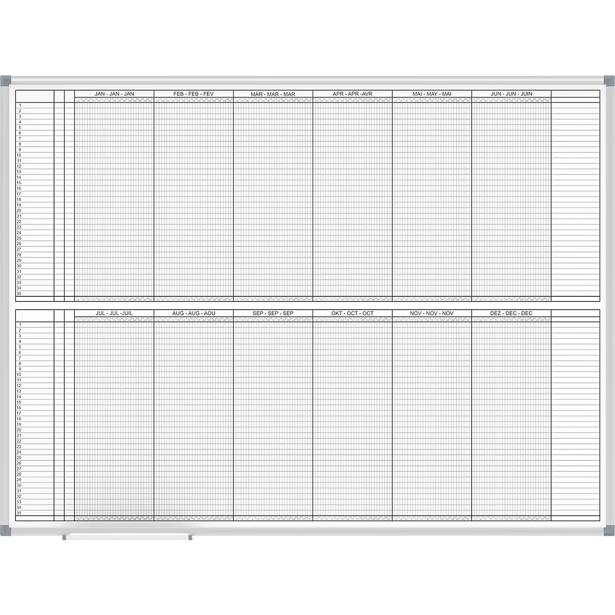 White, writable whiteboard with grid for monthly planning. The months are printed above the columns. A gray frame surrounds the board.