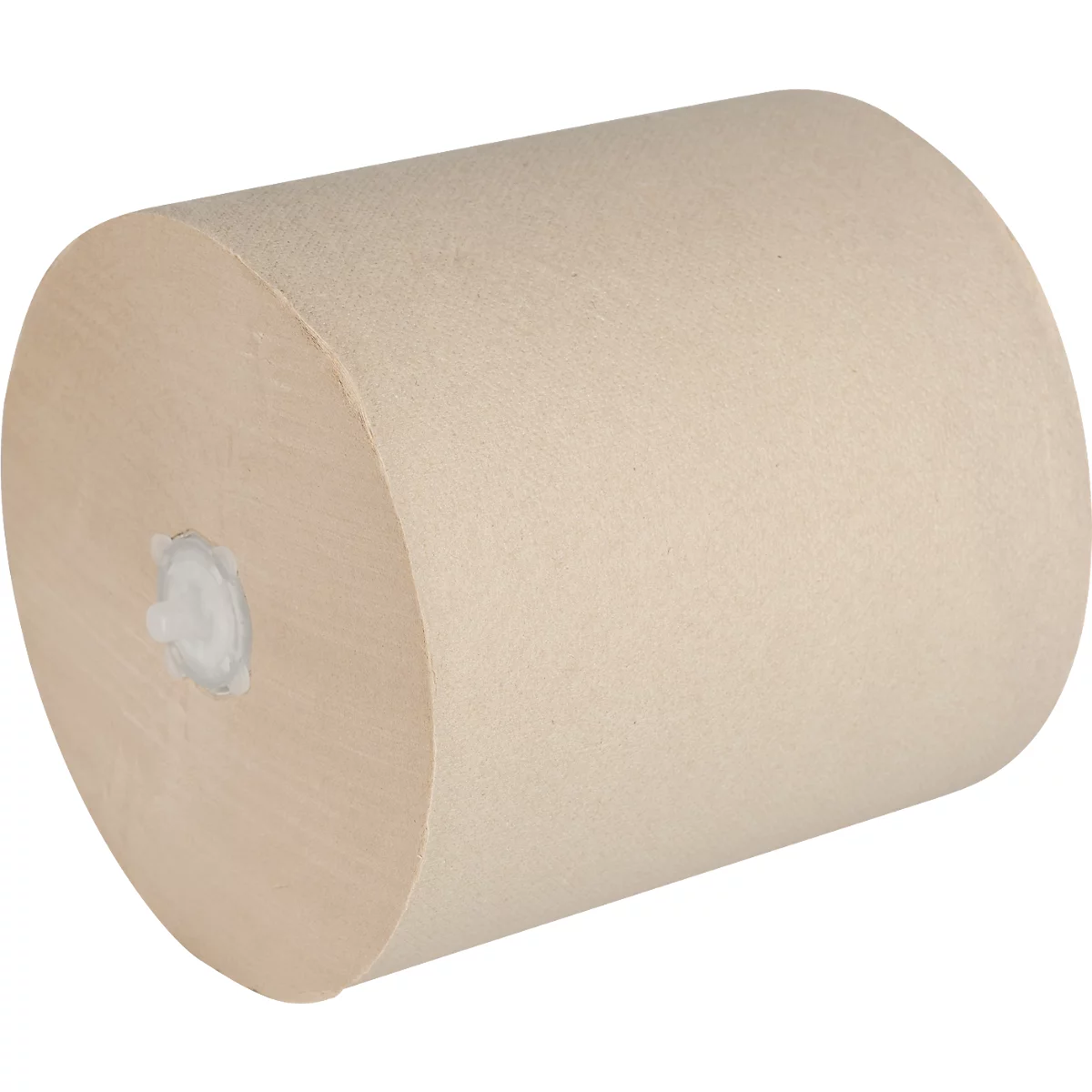 Rolle Papierhandtücher in Beige, aus der Mitte gewickelt.