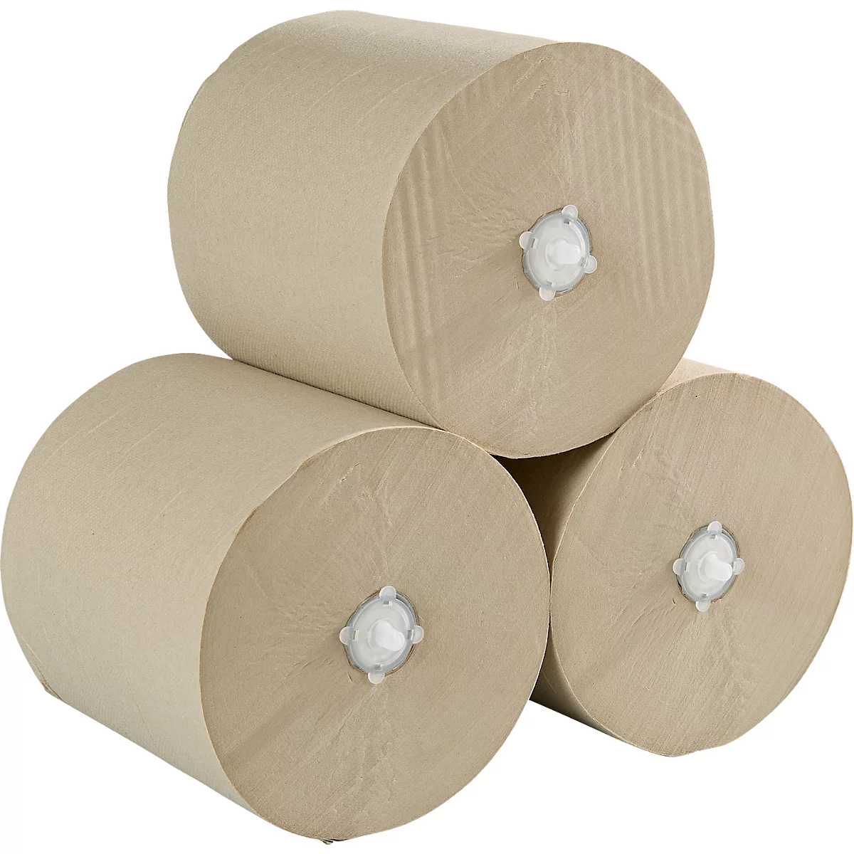 Drei Papierrollen, hellbraun, überlappend angeordnet, mit weißen, sternförmigen Halterungen in den Enden.