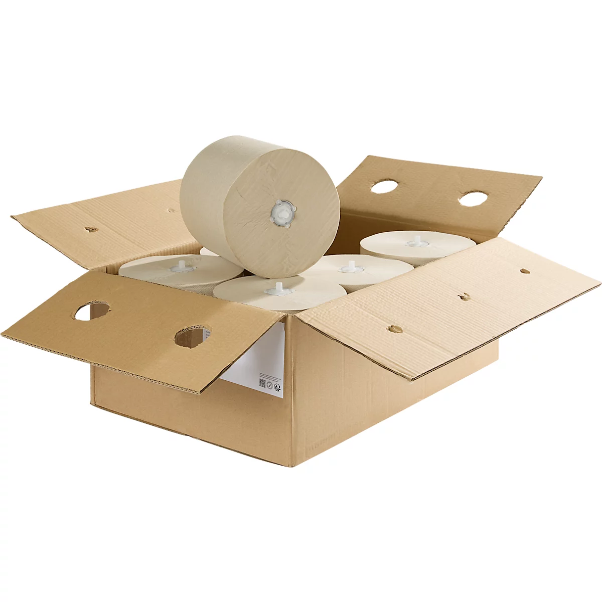 Karton mit Papierhandtuchrollen. Eine Rolle liegt auf mehreren flachen Scheiben, die ebenfalls Papierhandtücher sind.