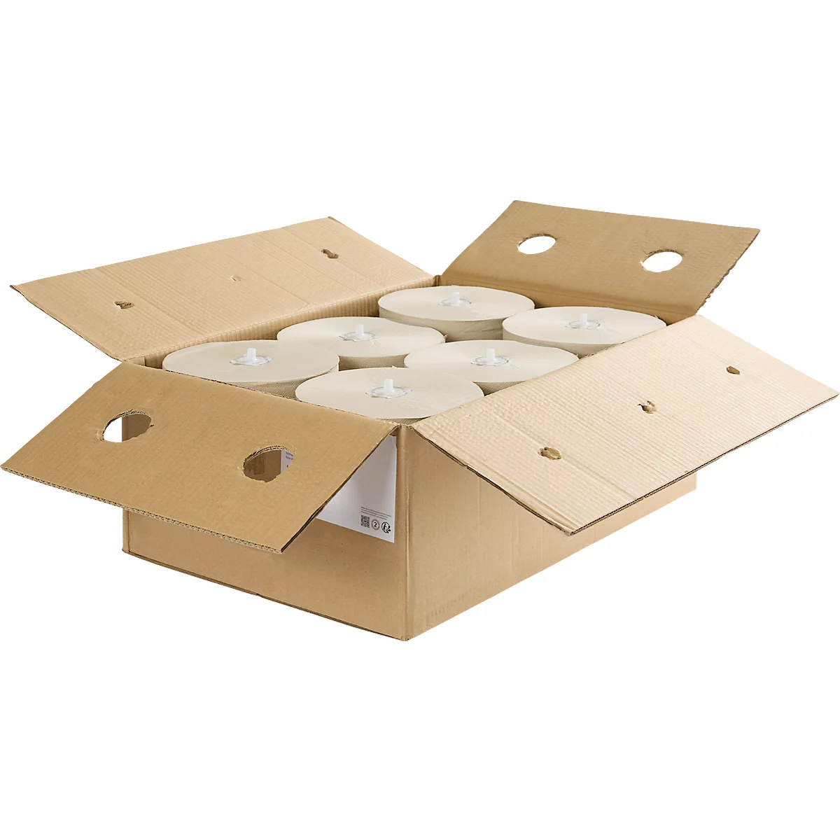 Geöffnete Pappschachtel mit runden, weißen Kerzen. Deckel mit Löchern. Hellbrauner Karton.