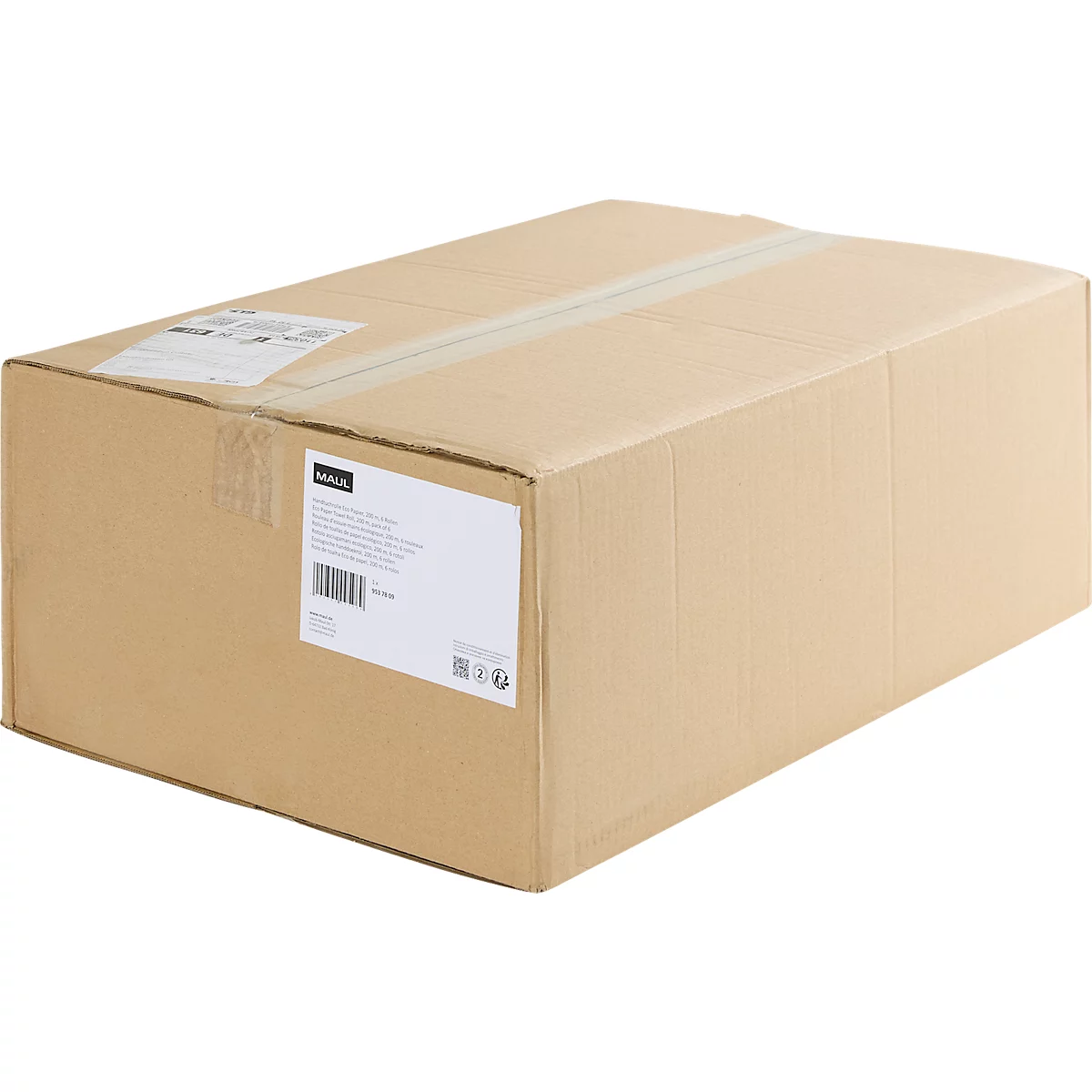 Brauner Karton. Ein weißes Etikett mit Barcode und Text ist angebracht.