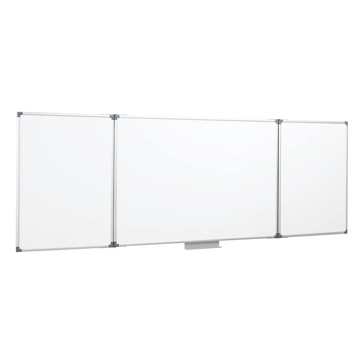 Three-part white magnetic board with silver frames. A shelf for pens is in the middle at the bottom.