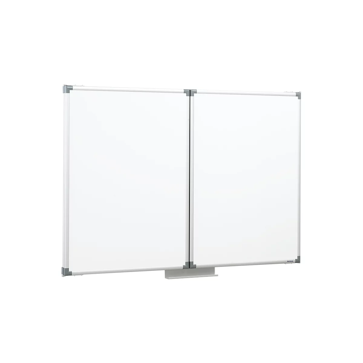 Large, blank whiteboard divided into two sections. Silver-colored frame and corners, with a shelf at the bottom.