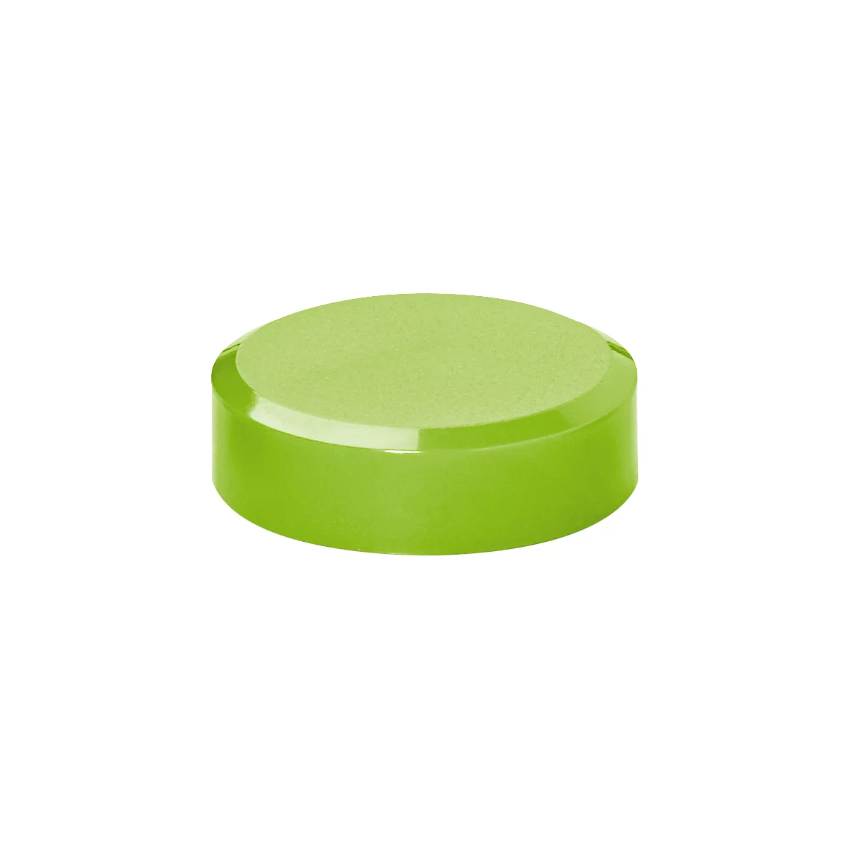Green, round cap with a slightly offset edge.