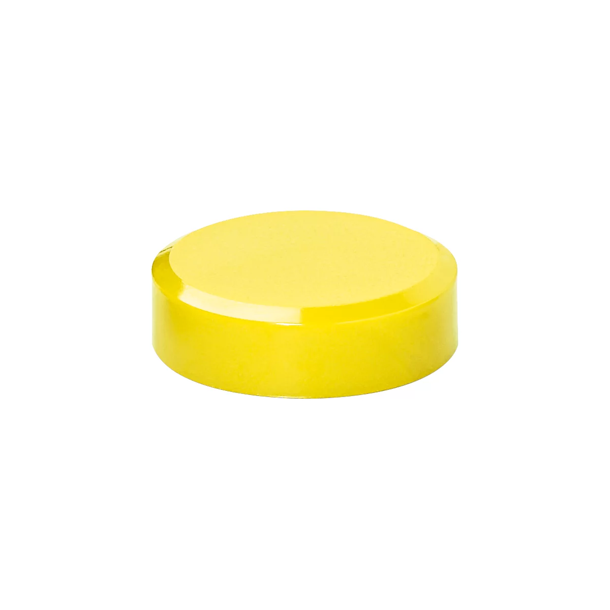 Yellow, round lid, glossy on the sides and matte on the top.