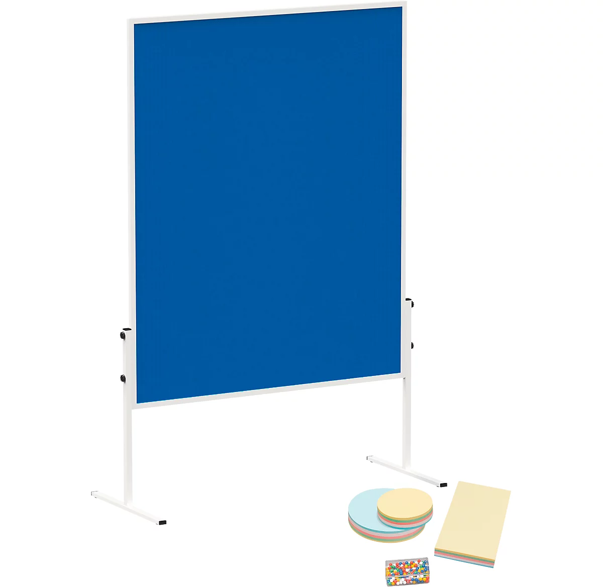 MAULsolid Moderationstafel, Filz, blau, B 1200 x H 1500 mm + Moderationskarten-Set, 360 Karten und 200 Pin-Nadeln