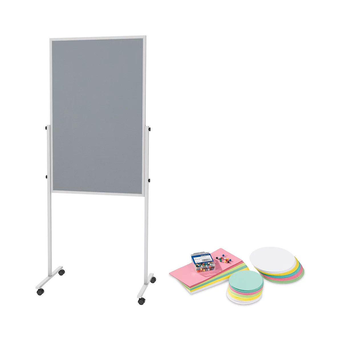 Maulsolid presentatiebord, vilt grijs/witbord, H 1200 x B 750 mm + presentatiekaartenset met 360 kaarten en 200 pennaalden