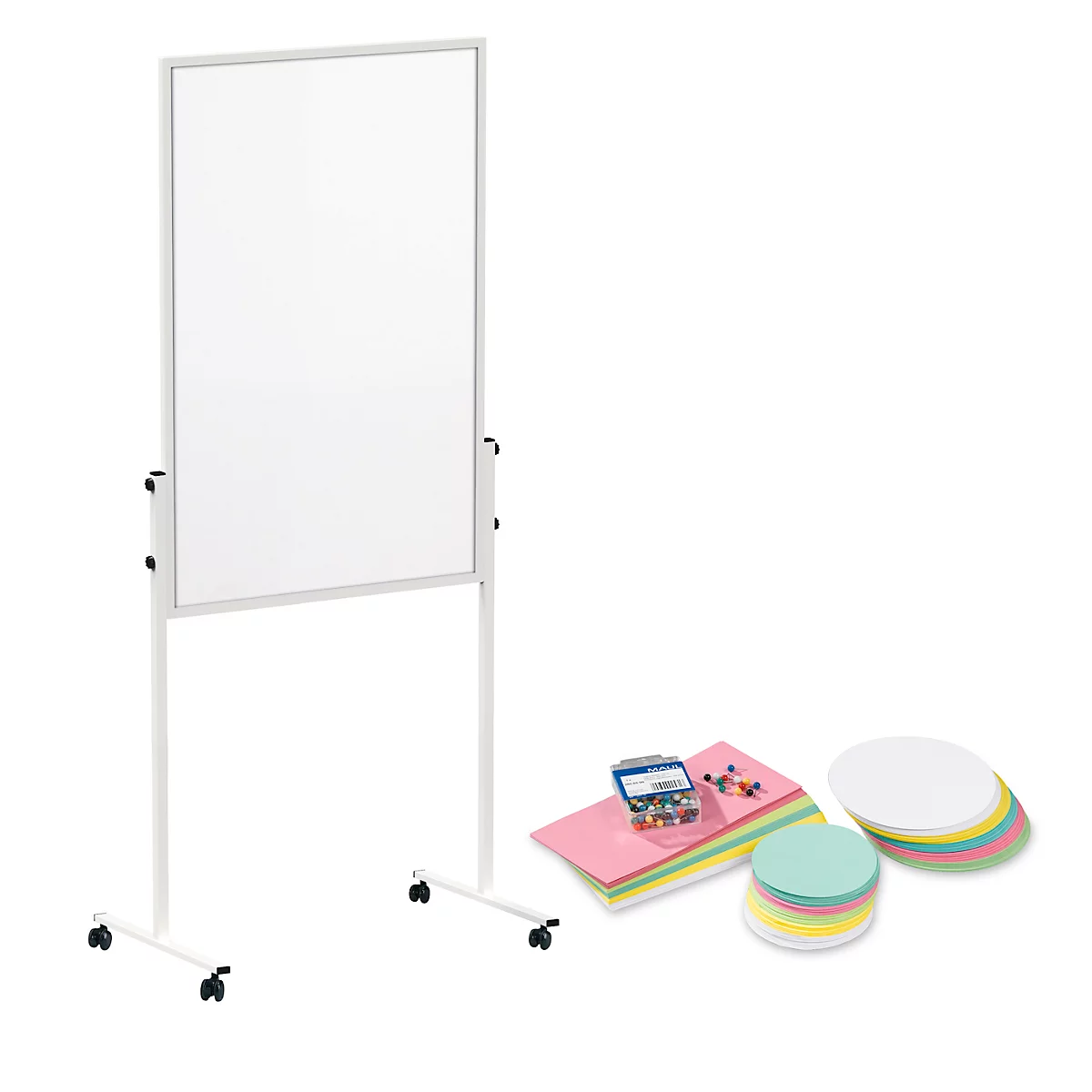 Maulsolid presentatiebord, vilt grijs/witbord, H 1200 x B 750 mm + presentatiekaartenset met 360 kaarten en 200 pennaalden