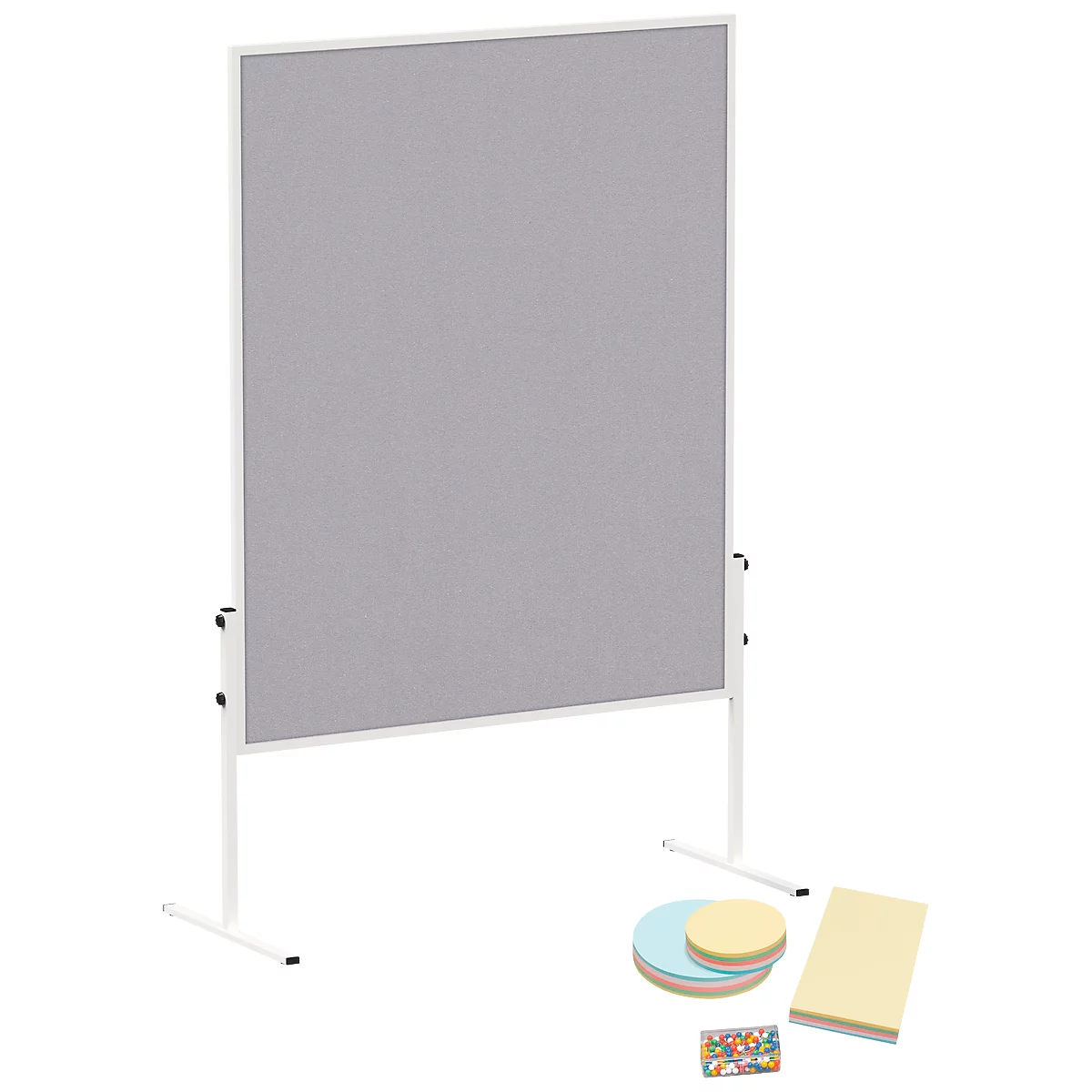 Grey pinboard on white frame, with pens and notepads. Stands on castors.