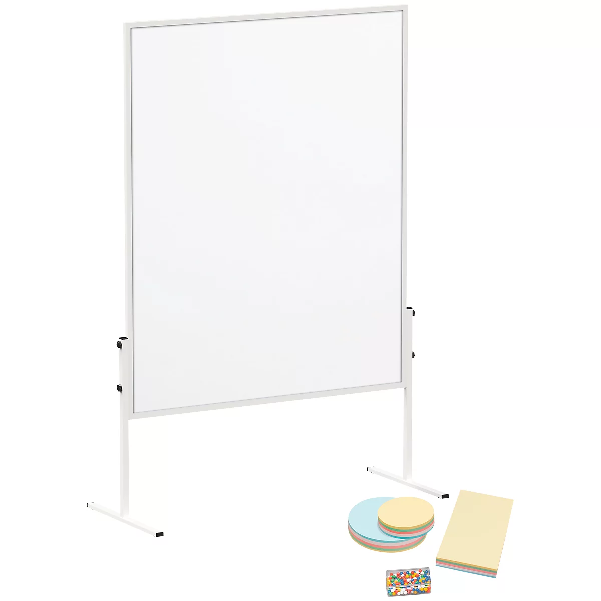 White whiteboard with a white frame on a white stand. Next to it are notepads, paper and colorful markers.