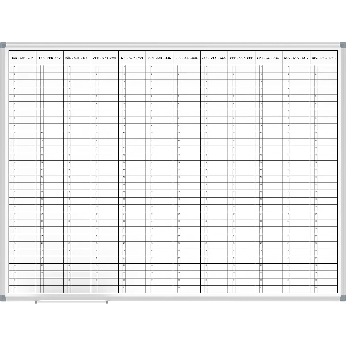 White grid whiteboard with months and boxes. Ideal for annual planning.