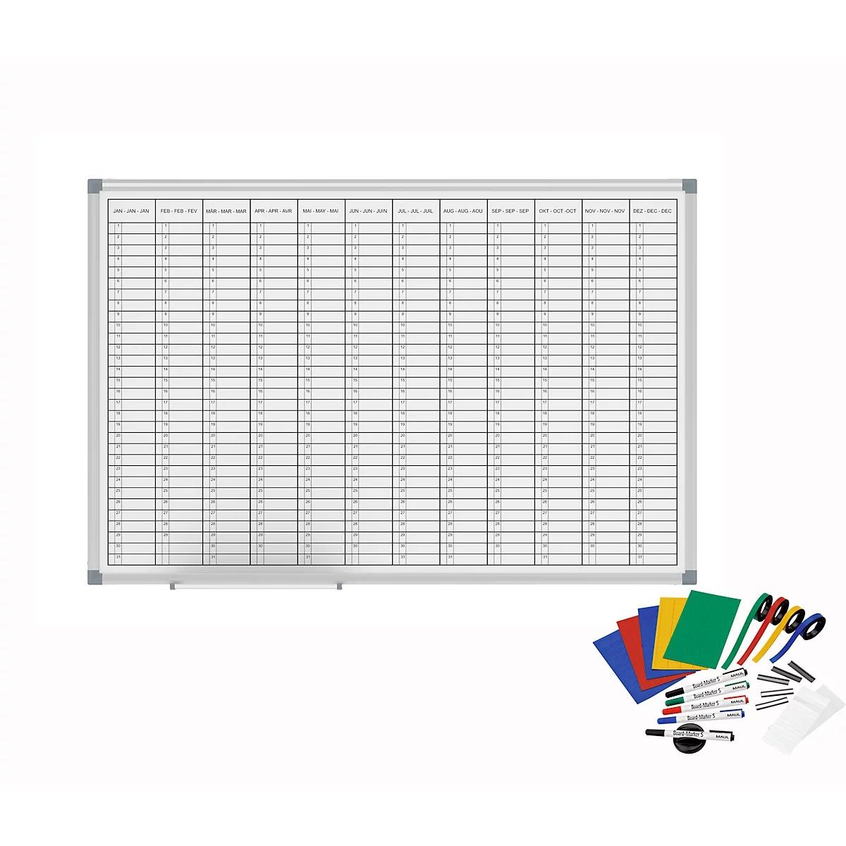 White, rectangular whiteboard with grid, accessories such as pens, scissors, paper.