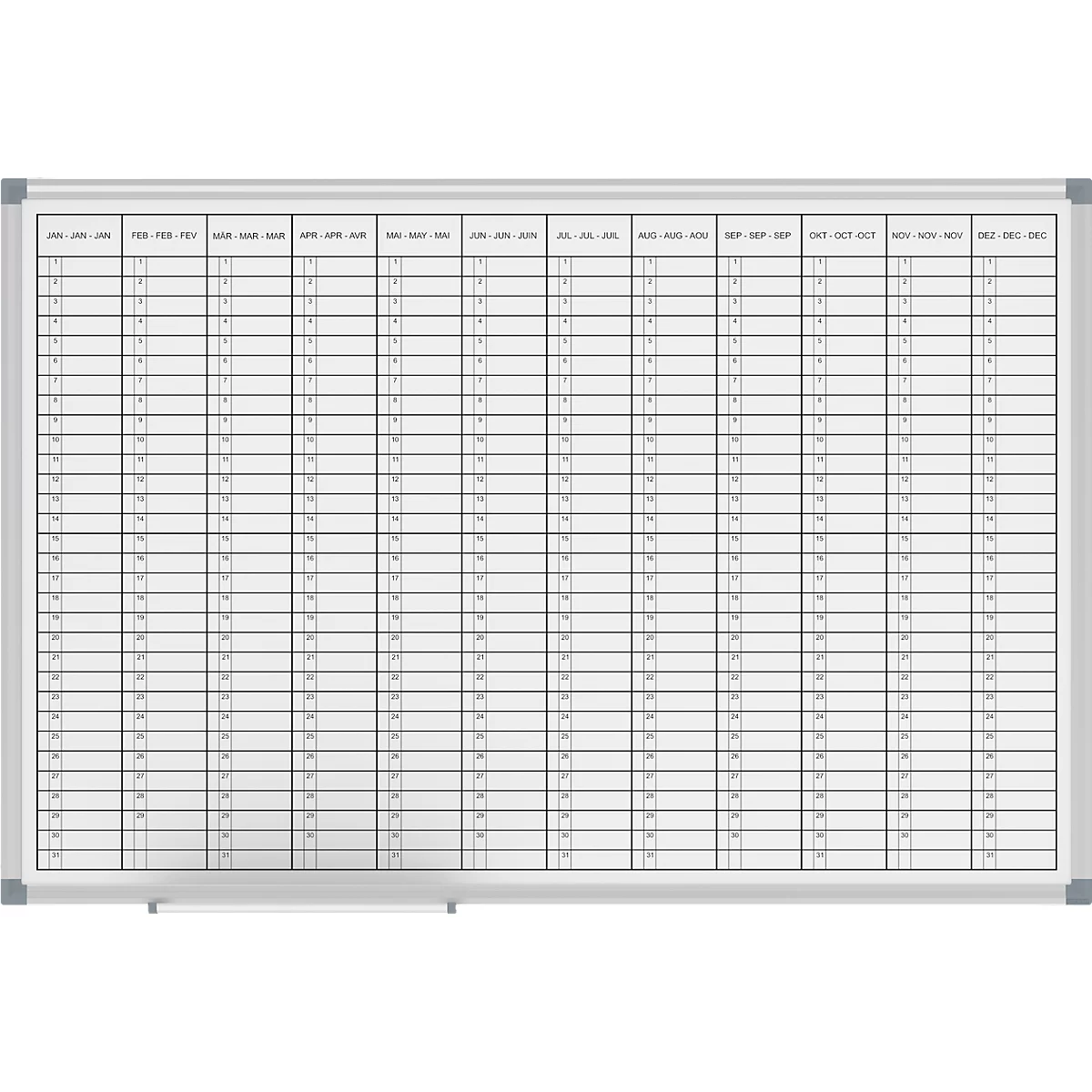 Whiteboard with a grey frame. The whiteboard is divided into months and columns to represent an annual plan.