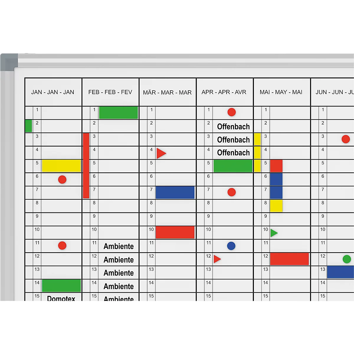 Monthly planner with colored markings, text fields, and the labels JAN-JUN and Offenbach, Ambiente, Domotex.
