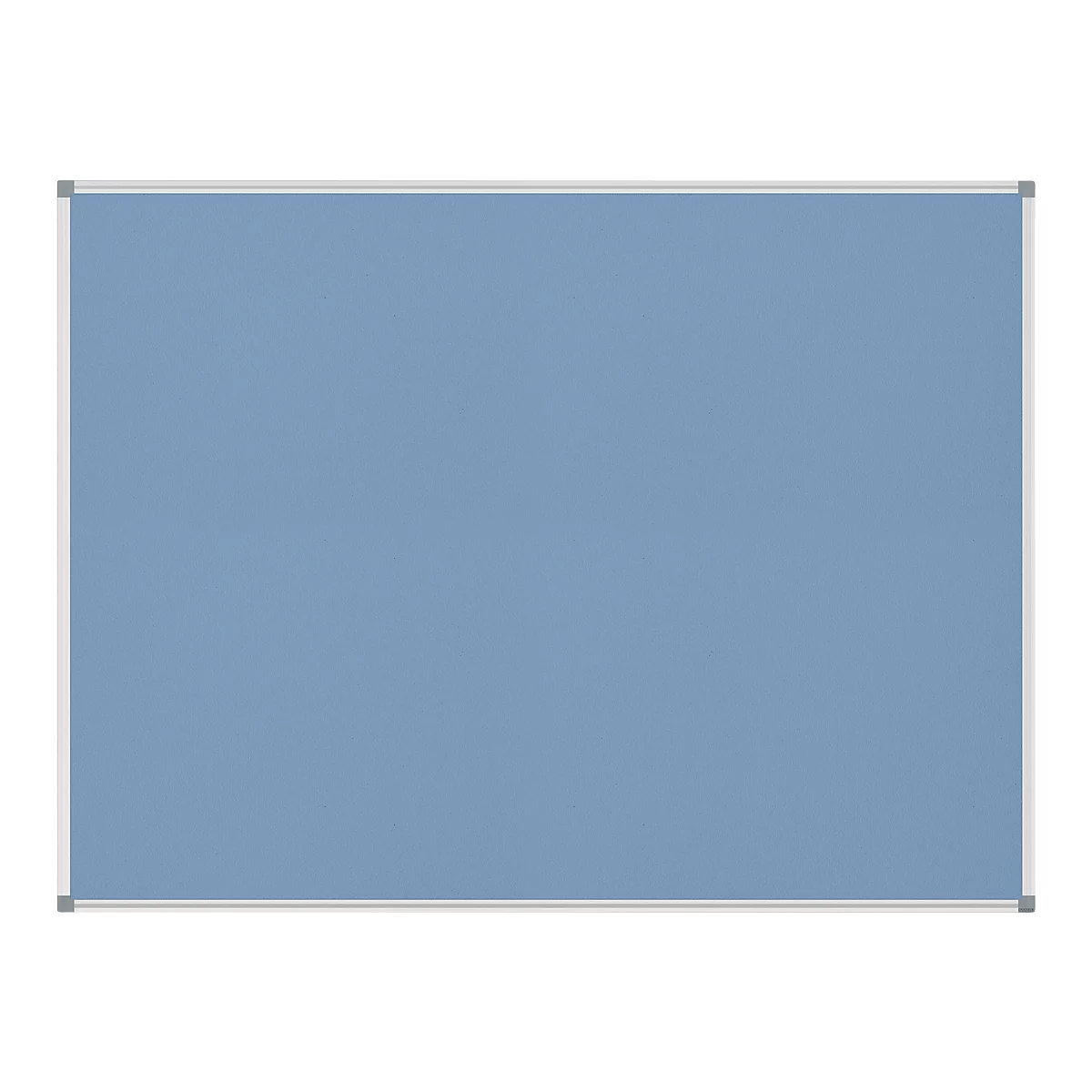Rectangular, light blue notice board with a silver frame.