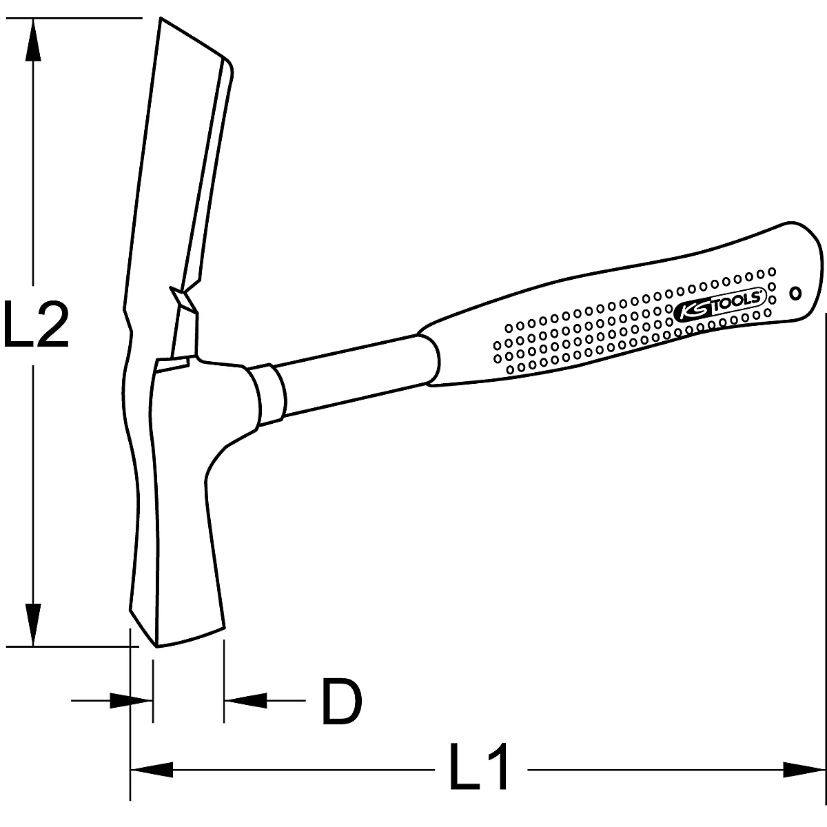 Zeichnung eines Hammers mit Maßen. Der Hammerkopf ist rechteckig, der Griff geriffelt. Die Maße D, L1 und L2 sind angegeben.