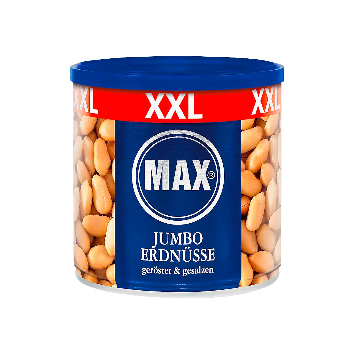 Une boîte de cacahuètes géantes avec un couvercle bleu, en dessous duquel se trouve l'inscription rouge "XXL". La boîte présente le logo "MAX", avec "Cacahuètes Jumbo, grillées & salées" en dessous.