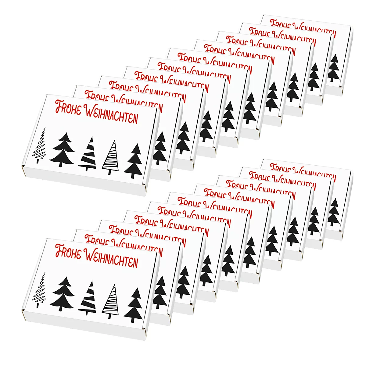 Witte dozen met rode tekst 'Frohe Weihnachten' (Vrolijk Kerstfeest) en kerstboomillustraties, gerangschikt in rijen.