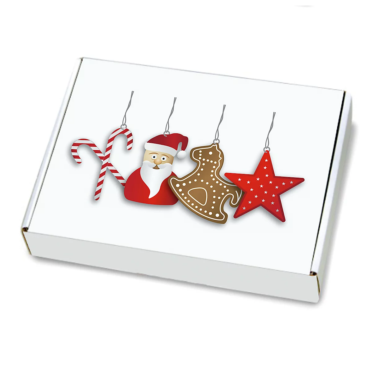 Witte doos met kerstversiering: zuurstok, kerstman, peperkoedpaard, ster.