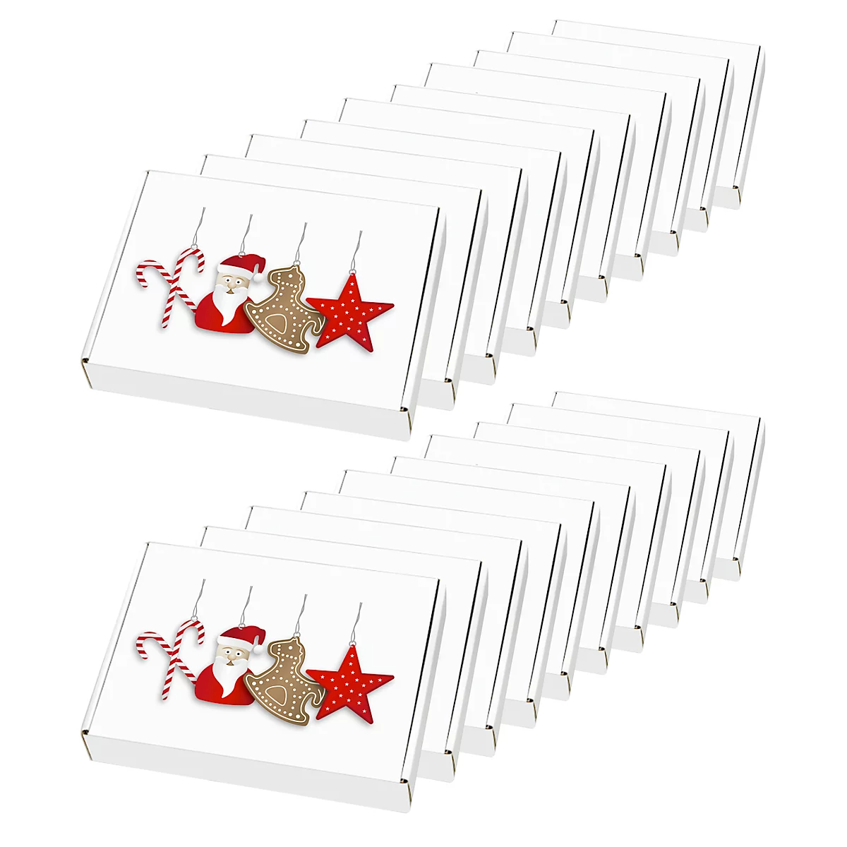 Witte doos met kerstversiering: zuurstok, kerstman, peperkoekman en ster.