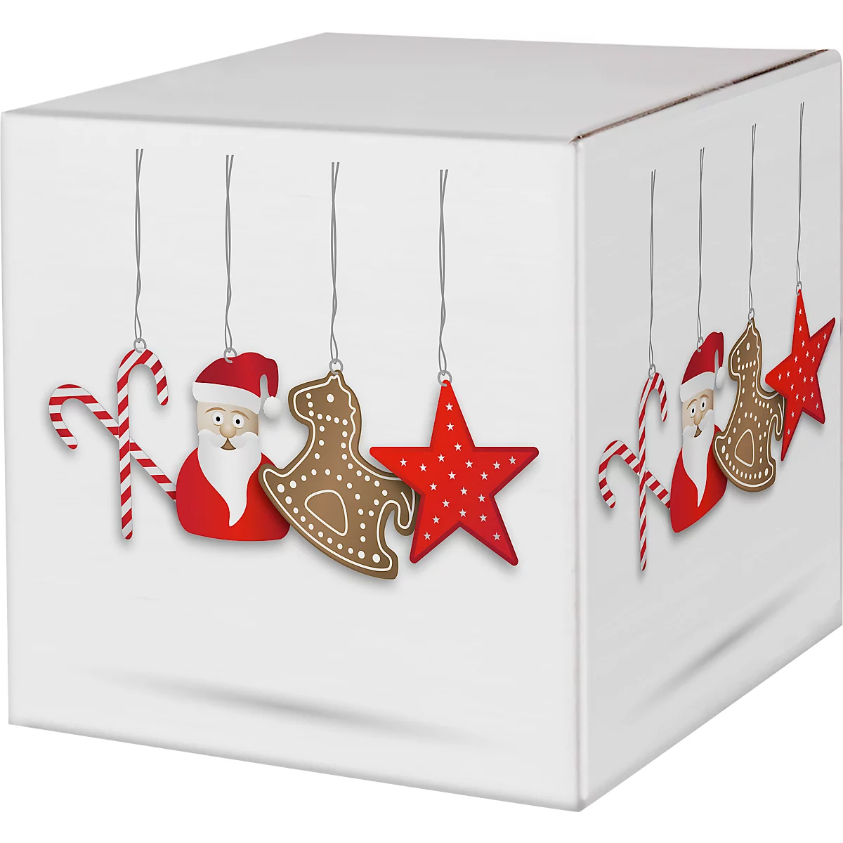 Kerstbox met zuurstokken, kerstman, peperkoeken paard, sterren. Decoratie hangt aan zilveren draden.