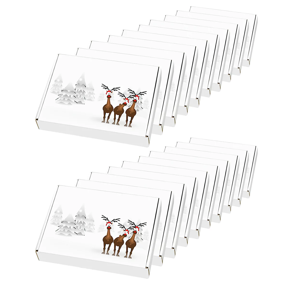 Talloze witte dozen. Op elke doos staan rendieren met rode strikken afgebeeld op een winterse achtergrond.