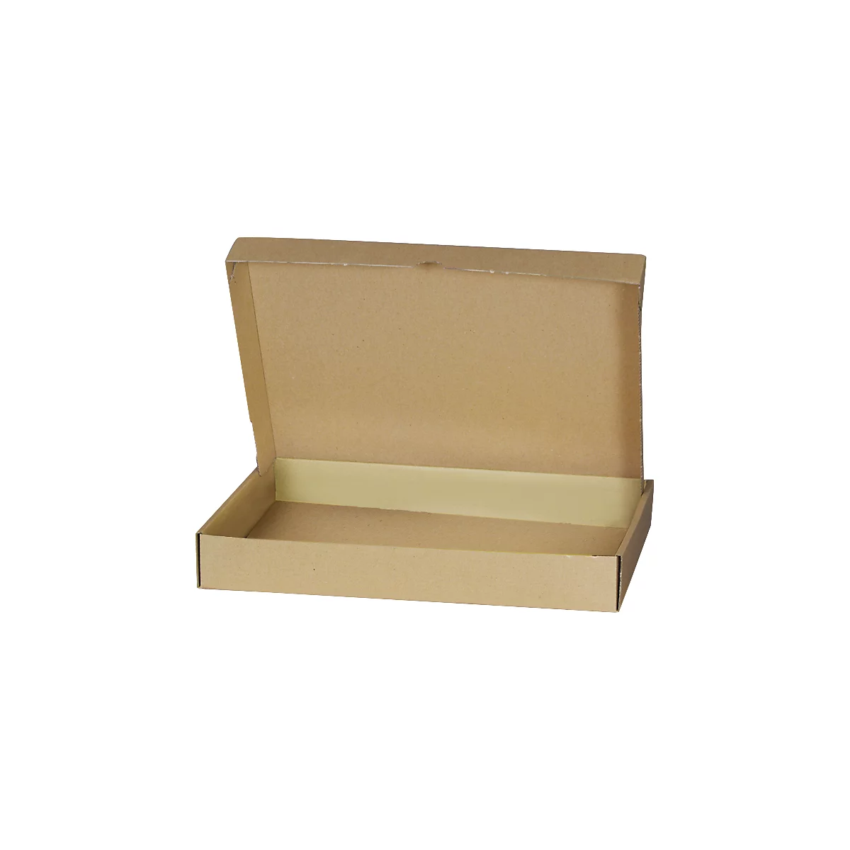Open brown cardboard box with light yellow adhesive surface. Lid is slightly open.