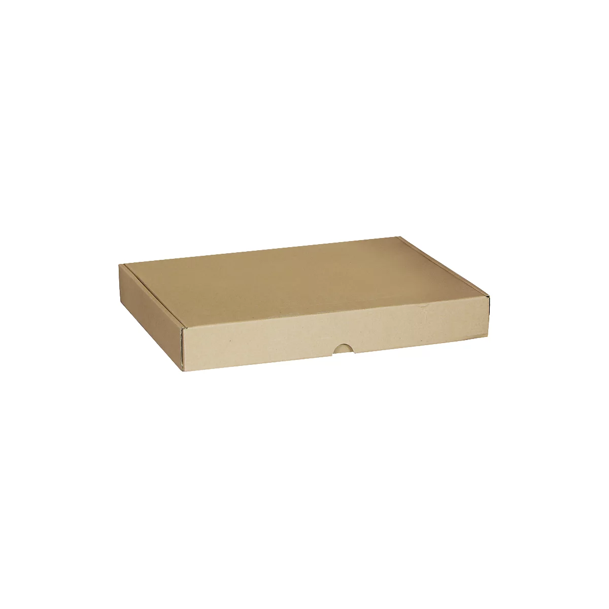 A closed, rectangular cardboard box in beige. There is a small recess on the right side.
