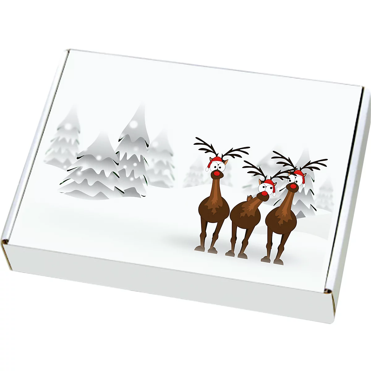 Maxibriefkartons, mit Motiv „Rentiere im Schnee“, portooptimiert, bis 20 kg, Außenmaße 250 x 174 x 50 mm, Mikrowellpappe, weiß-braun, 20 Stück