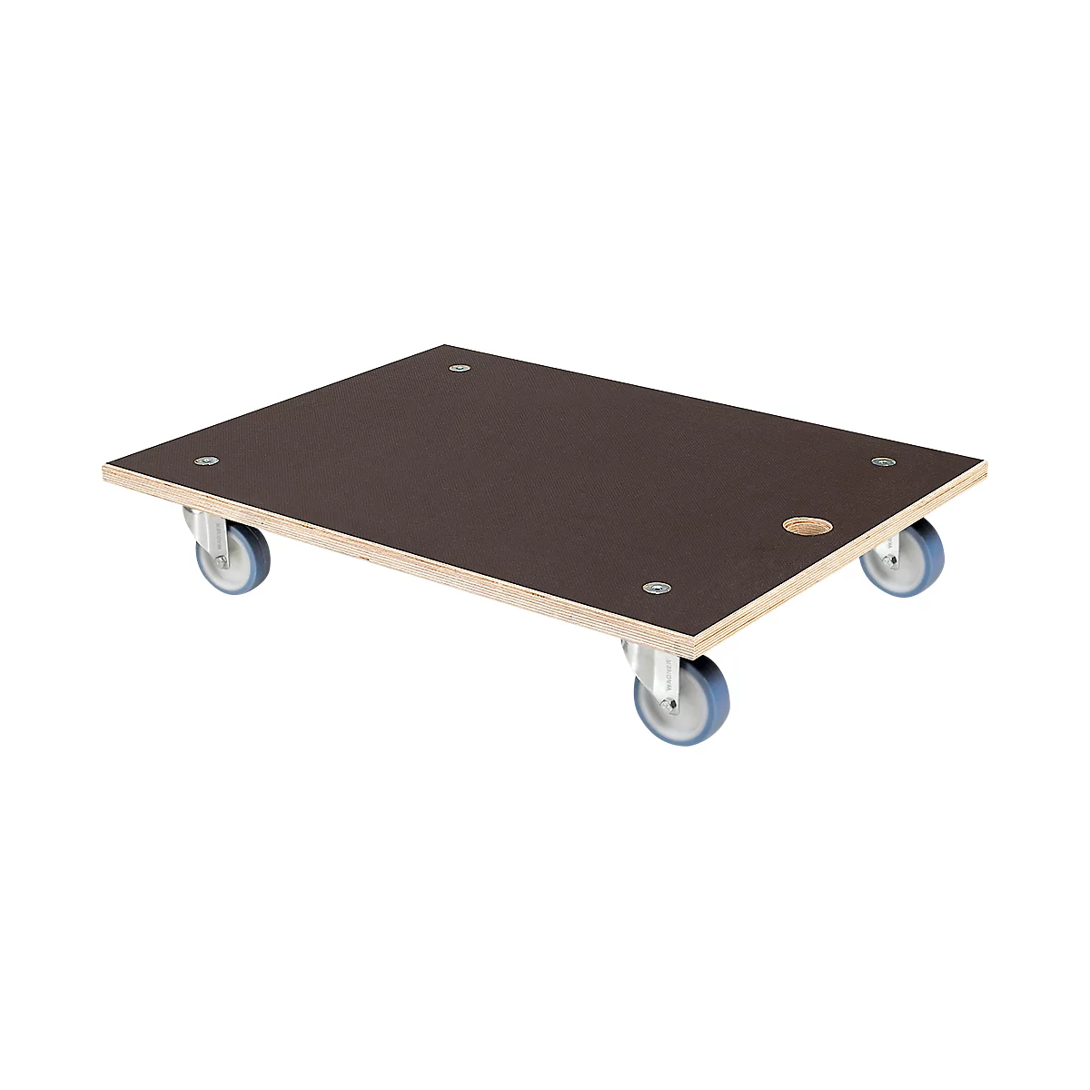 Black dolly with four wheels, wood look. A round hole and four screws are recessed in the plate.