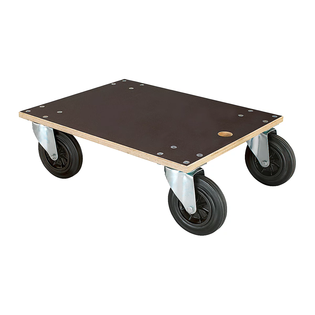 Black transport plate with four wheels. The plate is rectangular with a dark surface and lighter sides. The wheels are black with a metal frame.