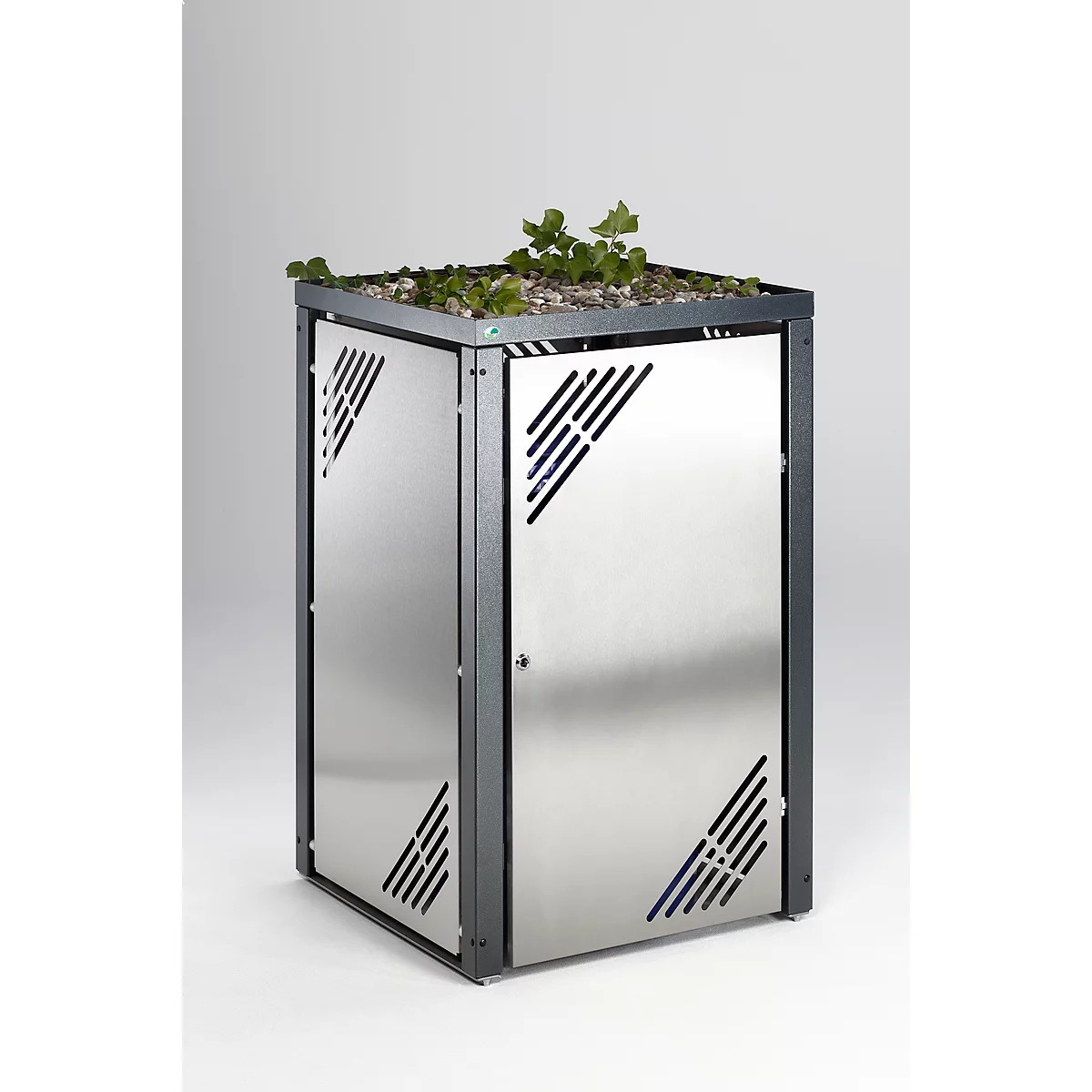 Square metal planter with plants on top, and diagonal ventilation slots.