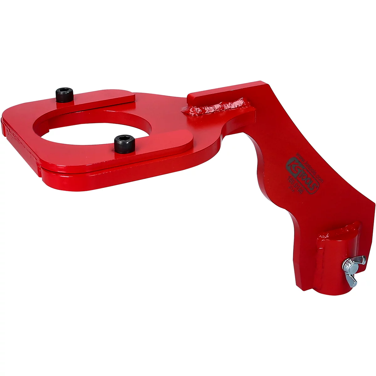 Rotes Werkzeug mit ovaler Öffnung, zwei Schrauben und Griff.