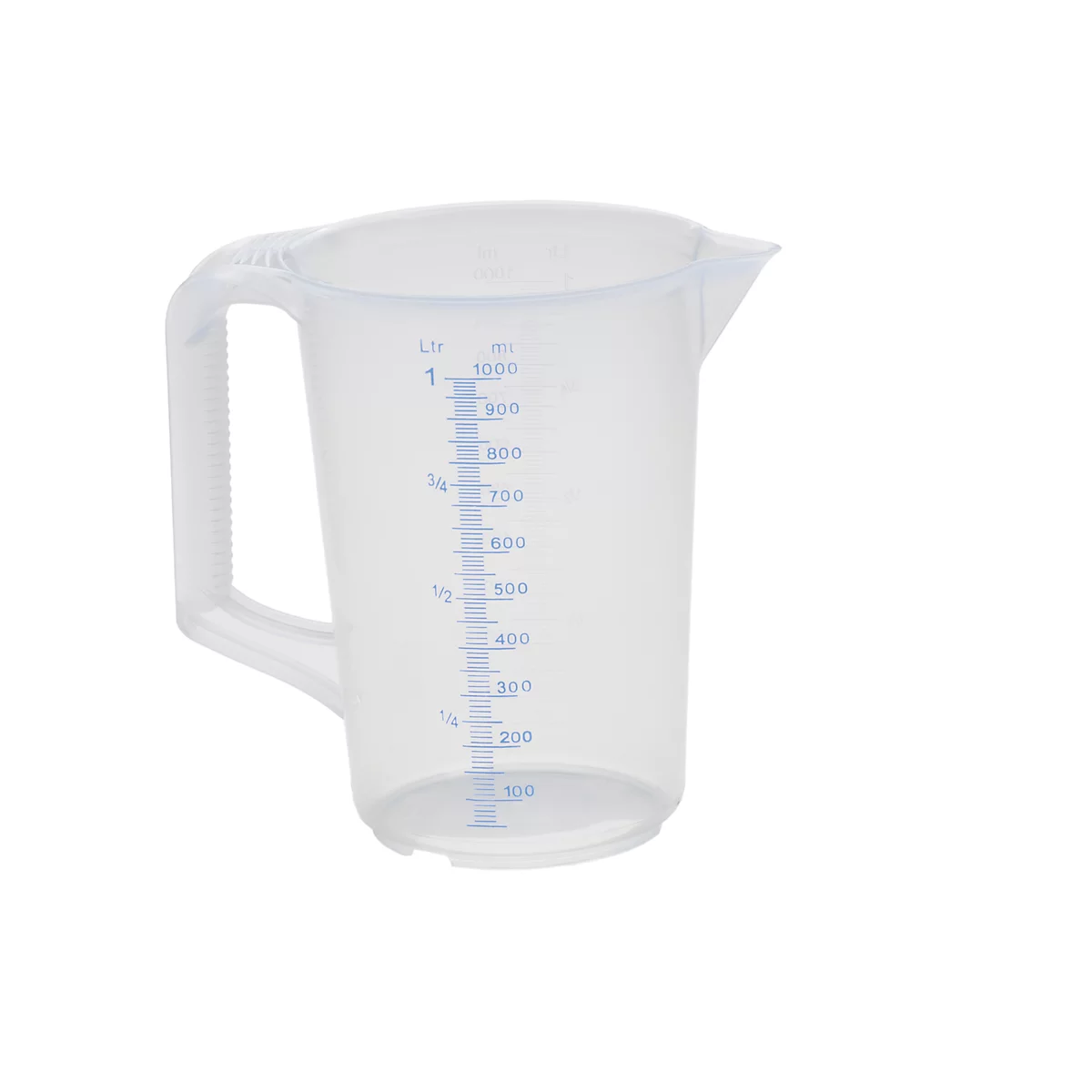 Transparent measuring jug with handle, blue scale and spout. Measurement markings in ml and liters.